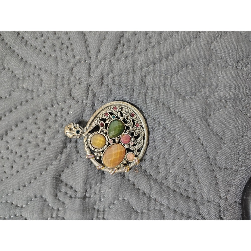 Vintage Style Silver Tone Multi Color Stone Rhinestone Oval Filigree Pendant